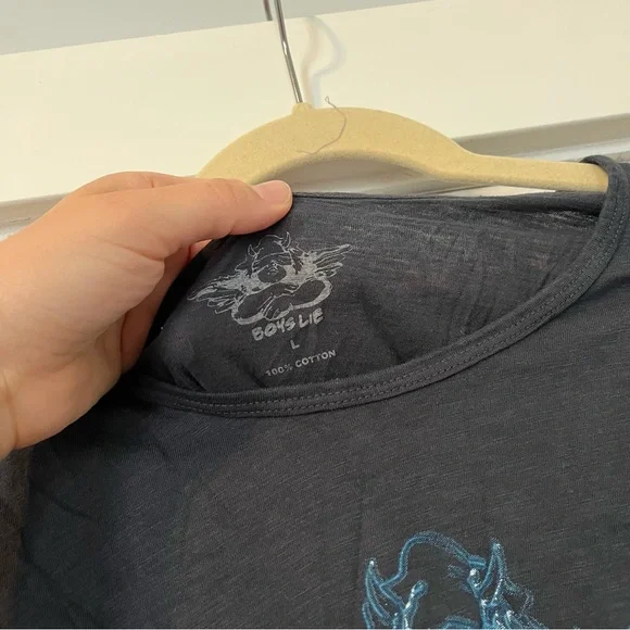 Boys Lie Ask me if I care slub tee charcoal Crop Top Revolve Blue Orange Graphic - Picture 3 of 4